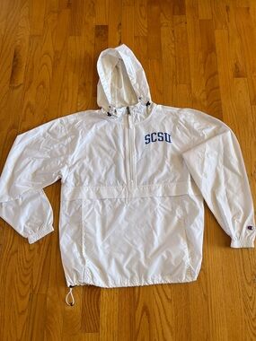 Champion SCSU White Hooded Windbreaker with Blue 'S' Back